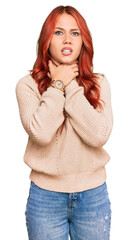 Sticker - Young redhead woman wearing casual winter sweater shouting suffocate because painful strangle. health problem. asphyxiate and suicide concept.