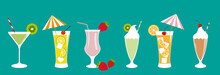 A Set Of Colored Icons Of Various Cocktails - Tropical, Citrus, Strawberry, Kiwi, Milk, Cherry.
