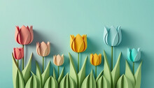 Paper Art Illustration Of Colorful Tulip Field Against Blue Background. Beautiful Paper Cut Flowers For Springtime, Easter, Nature Concepts. Good For Poster, Wallpaper, Greeting Card. Generative AI. 
