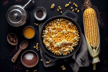 Organic Corn-Based Popcorn: Seeds, Corncobs In Bowl: Generative AI