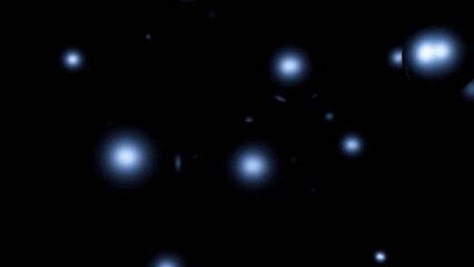 Poster - Abstract spheres flying towards the camera on a black background. Clip. Blue 3D flying circles or bubbles in the dark.