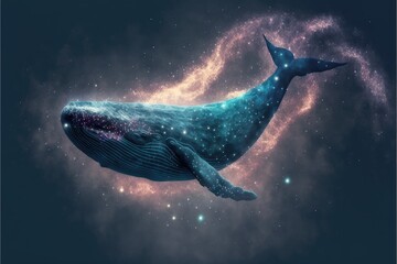 Swimming whale among fantasy abstract art in outer space among particles starry. Concept of glowing nebula with aquatic spouting star dust. Finest generative AI.