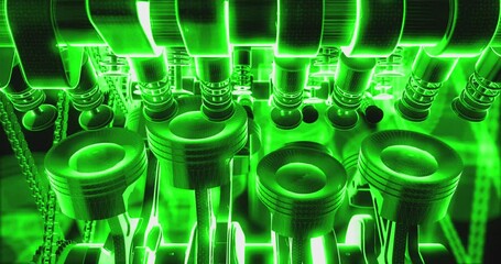 Poster - Shiny chrome V8 engine working and generating power in slow motion. Industry related 4k animation.