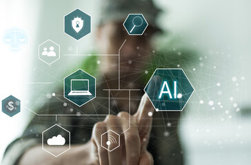 Poster - Hand touching digital chatbot for provide access to information and data in online network, robot application and global connection, AI, Artificial intelligence, innovation and technology