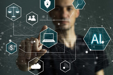 Poster - Hand touching digital chatbot for provide access to information and data in online network, robot application and global connection, AI, Artificial intelligence, innovation and technology