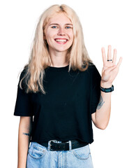 Poster - Young caucasian woman wearing casual clothes showing and pointing up with fingers number four while smiling confident and happy.