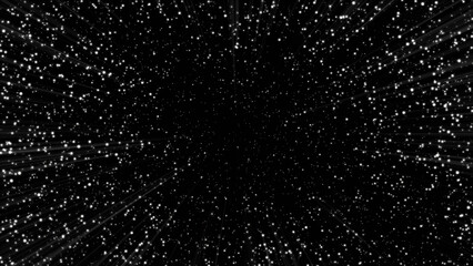 Poster - Black background. Motion. White stars in animation that scatter in different directions.