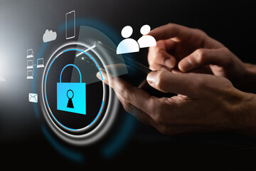 Poster - Cyber security and futuristic technology concept businessman using finger to touch fingerprint interface,to scan password,with technology icons and padlock,with artificial intelligence system or ai.