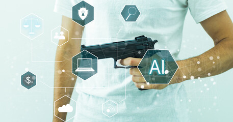 Poster - Hand touching digital chatbot for provide access to information and data in online network, robot application and global connection, AI, Artificial intelligence, innovation and technology