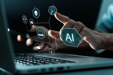 Poster - Hand touching digital chatbot for provide access to information and data in online network, robot application and global connection, AI, Artificial intelligence, innovation and technology