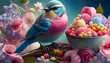 uccello colorato di primavera, dolcetti e dolci, generative ai