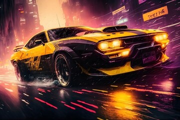 Wall Mural - Black and Yellow Camaro driving in a cyberpunk city | Synthwave style Ai Generated cyberpunk wallpaper/background |