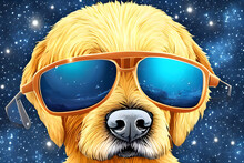 A Cute Dog Wearing Cute Sunglasses Looking Towards Space And Stars, Illustrative, Around The Circle. Perfect For Logo Or Icon