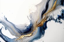 Abstract Art Splashing Color In Fluid Ink Texture Blue And Gold In Background. Concept Of Marble Floor Or Wall Isolated On White Background. Finest Generative AI.