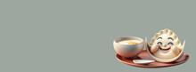 Banner With Empty Space. Cute Cartoon Playful Little Plate Of Gyoza With A Big Grin And A Dipping Sauce Bowl. Character With Room For Copy. Empty Flat Background. Generative Ai.