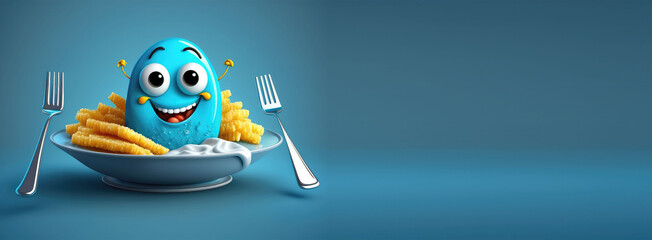 Wall Mural - banner with empty space. Cute Cartoon playful little plate of fish and chips with a big grin and a tartar sauce dipper. Character with Room for Copy. Empty flat background. Generative ai.
