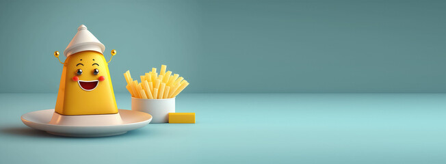 Wall Mural - banner with empty space. Cute Cartoon playful little plate of French fries with a big smile and a salt shaker hat. Character with Room for Copy. Empty flat background. Generative ai.