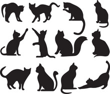 Set Of Cats Silhouettes On A White Background. Set Black Silhouettes Of Cats And Kittens Cat Footprints Isolated On A White Background. Cats Collection - Vector Silhouette.