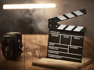 Movie clapperboard on the table close-up