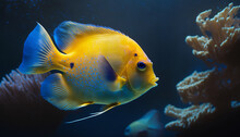 Yellow Fish In Aquarium, Tropical Fish. Blue Background 