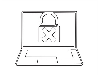 Wall Mural - continuous one single line drawing of laptop and padlock with rejection mark on screen. Protected folder. Personal information, data, lock, password, pin code, file. Privacy concept. 