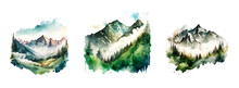 Mountains Watercolor Forest Wild Nature. Vector Watercolor Mountain Range With High Peaks Against The Blue Sky. Graphics Design For Wedding Invitations And Pictures On Wall Posters Art. Vector 