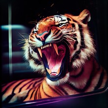 Portrait Of A Beautiful Formidable Tiger. A Snarling, Predatory Tiger. Generative AI Art