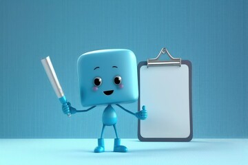 Wall Mural - Cute Cartoon employer hologram with a clipboard and a pen. flat background, with empty space. Generative ai.
