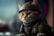 A small cat in a modern military suit. A cute military cat to protect our peace. Created with Generative AI technology
