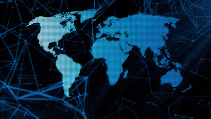 Poster - Abstract world map on a plexus background. Motion. Concept of social science and globalization.