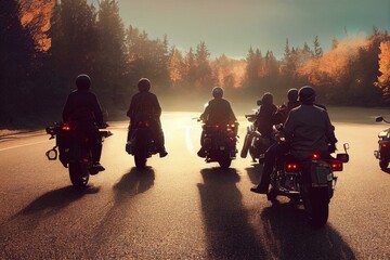 group of friends riding motorcycles in the fall in canada. generative ai