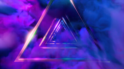 Poster - Flying inside futuristic abstract tunnel of metallic triangles and smoke. Design. Endless triangular metal shapes.