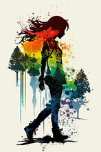 Silhuette Of The Woman Walking Among Nature In Rainbow Colors
