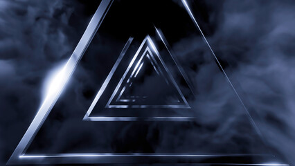 Poster - Flying inside futuristic abstract tunnel of metallic triangles and smoke. Design. Endless triangular metal shapes.