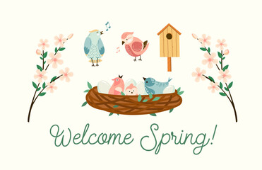 Wall Mural - Welcome spring illustrations set. Vector blooming flowers branches, birds in the nest with eggs and birdhouse seasonal flat style collection. Easter greetings card Isolated