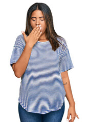 Sticker - Young latin girl wearing casual clothes bored yawning tired covering mouth with hand. restless and sleepiness.