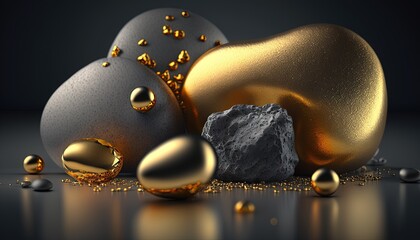  a group of gold, silver and black eggs with gold flakes around them on a dark background with a rock and some water droplets.  generative ai