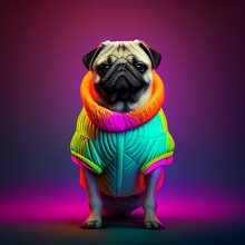 Realistic Lifelike Pug Dog Doggy Pup In Fluorescent Electric Highlighters Ultra-bright Neon Outfits, Commercial, Editorial Advertisement, Surreal Surrealism. 80s Era Comeback	
