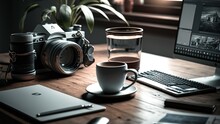Cup Of Coffee And Camera, Laptop 