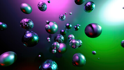 Poster - Metal molecules in moving space. Design. 3d metal molecules move in space on colorful background. Different texture of 3d balls in chaotic motion