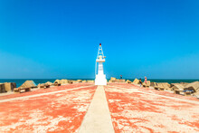 Lighthouse On The Beach In Sunny Day, Miramar Beach In Madero Tamaulipas 