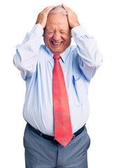 Wall Mural - Senior handsome grey-haired man wearing elegant tie and shirt suffering from headache desperate and stressed because pain and migraine. hands on head.