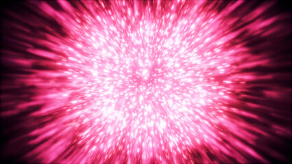 Poster - Stream of particles is absorbed and explodes. Motion. Bright particles disappear at point and explode in stream on black background. Explosion of bright stream of particles on black background