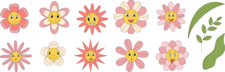 Wall Mural - groovy daisy flowers with cartoon funny smiling faces, chamomile characters. cute camomile happy emo