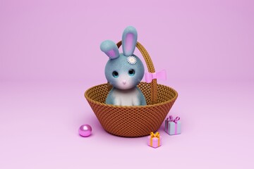 Wall Mural - Easter cute Bunny in basket, eggs and gift boxes on light pink background. 3d rendering