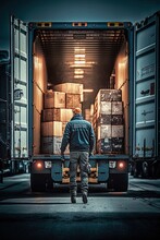 A Truck Driver Loading Cargo Into The Container
