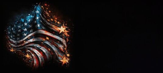 Wall Mural - USA veterans day background. Abstract banner wrapped by magic dust with copy space on black background. Template for horizontal banner - Generative AI