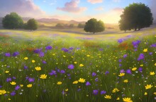 Illustration Of A Flower Meadow In Spring. Generative AI.