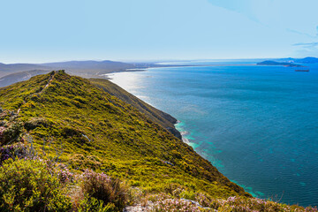 Bald Head walking trail. Taken on a summers day with strong blues and greens.  A mountainous landscape with ocean views. Albany, Western Australia.