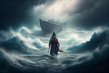 Jesus Walks On Water Across The Sea Towards A Boat During A Storm. Biblical Theme Concept. Generative Ai.